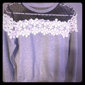 Embroidered illusion neckline sweater